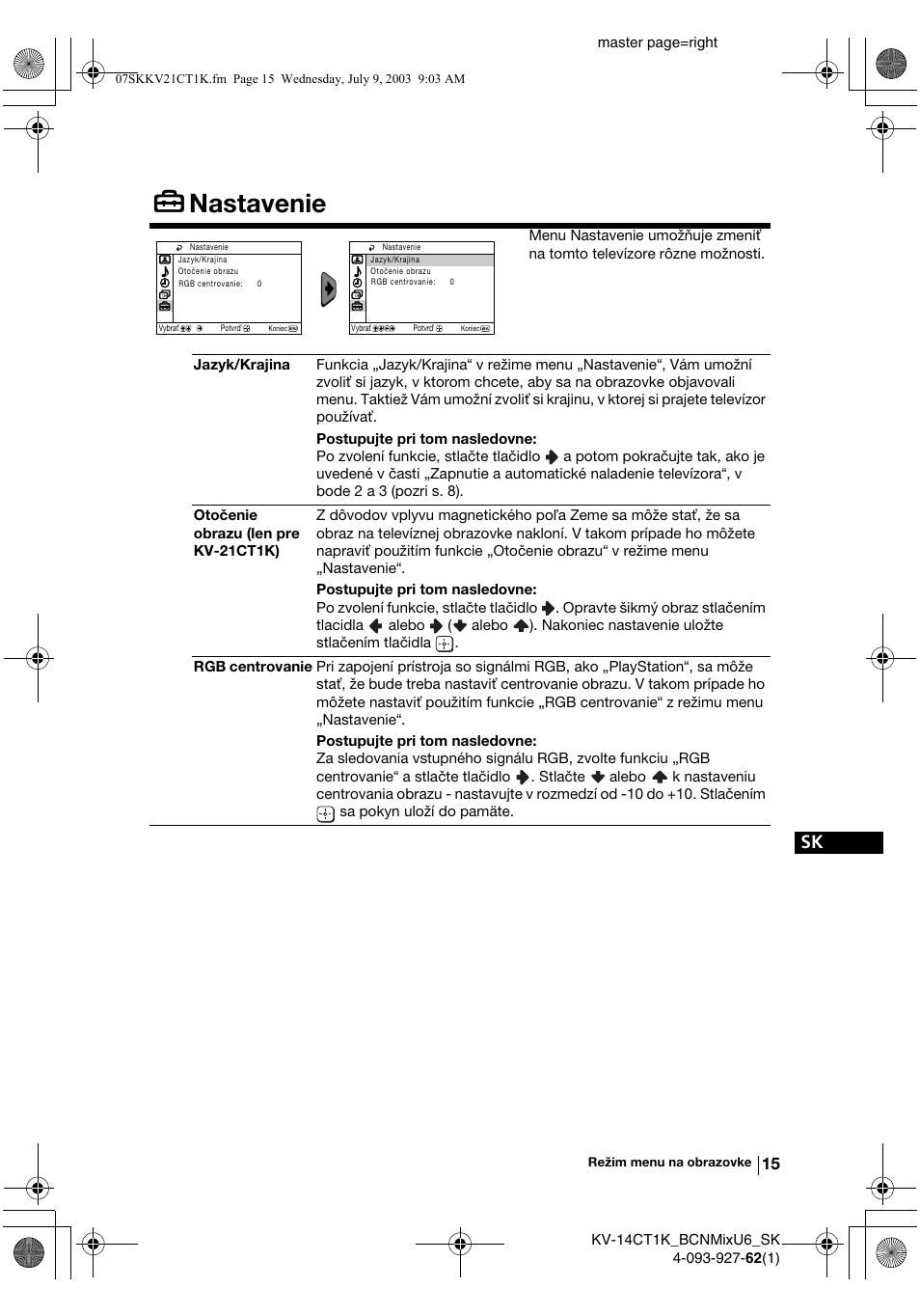 Nastavenie | Sony KV-21CT1K  RU User Manual | Page 123 / 128