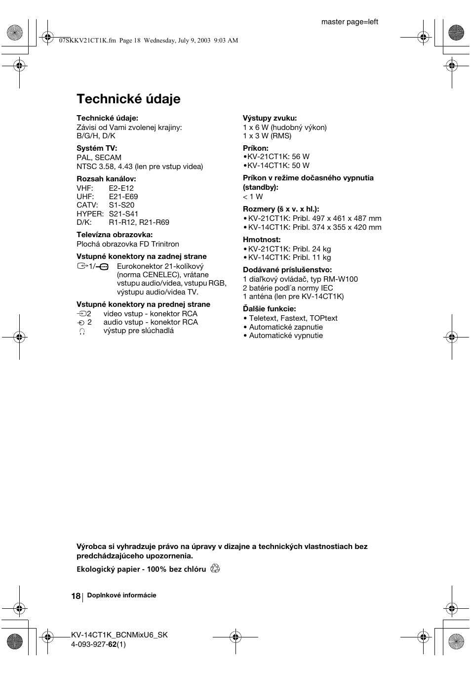 Technické údaje | Sony KV-21CT1K  RU User Manual | Page 126 / 128