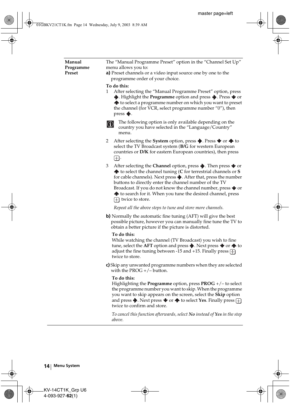 Sony KV-21CT1K  RU User Manual | Page 14 / 128