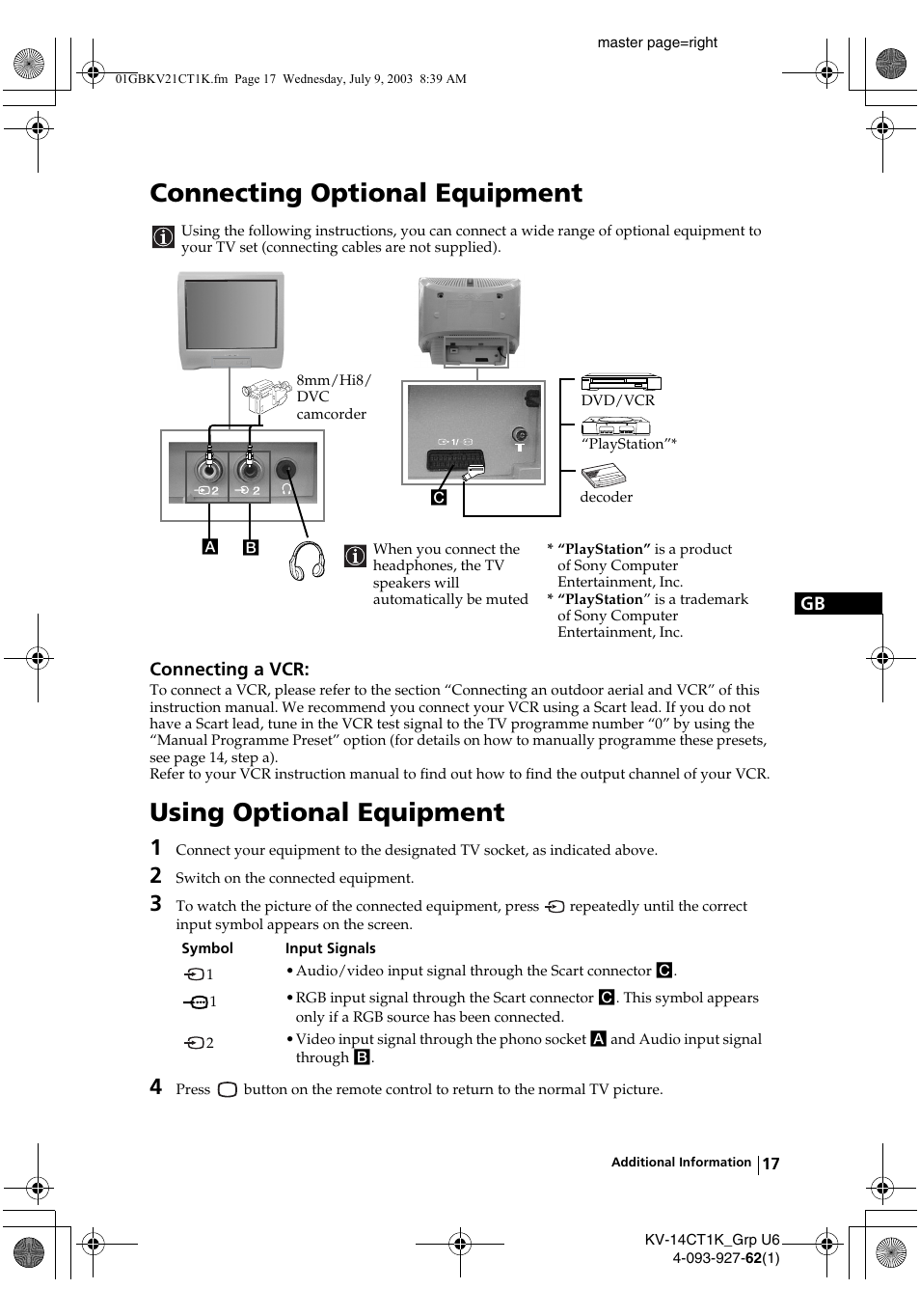Connecting optional equipment, Using optional equipment | Sony KV-21CT1K  RU User Manual | Page 17 / 128