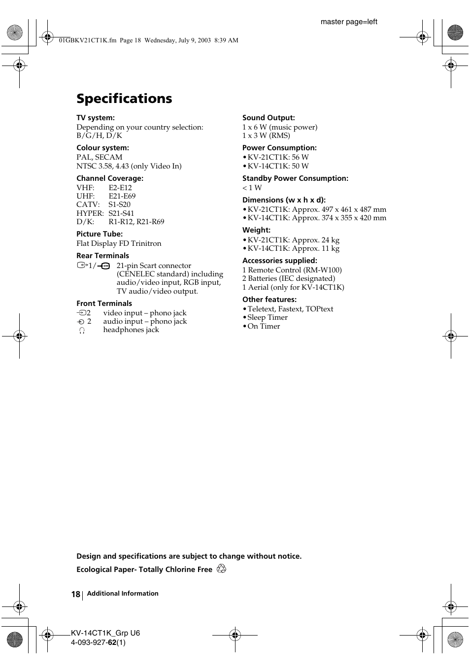 Specifications | Sony KV-21CT1K  RU User Manual | Page 18 / 128
