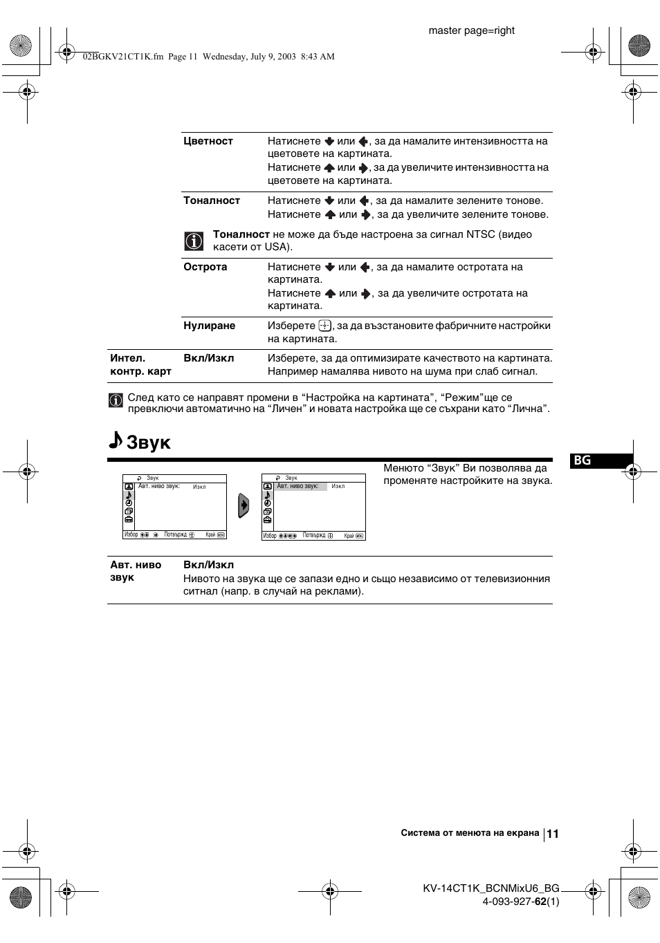 Звук | Sony KV-21CT1K  RU User Manual | Page 29 / 128