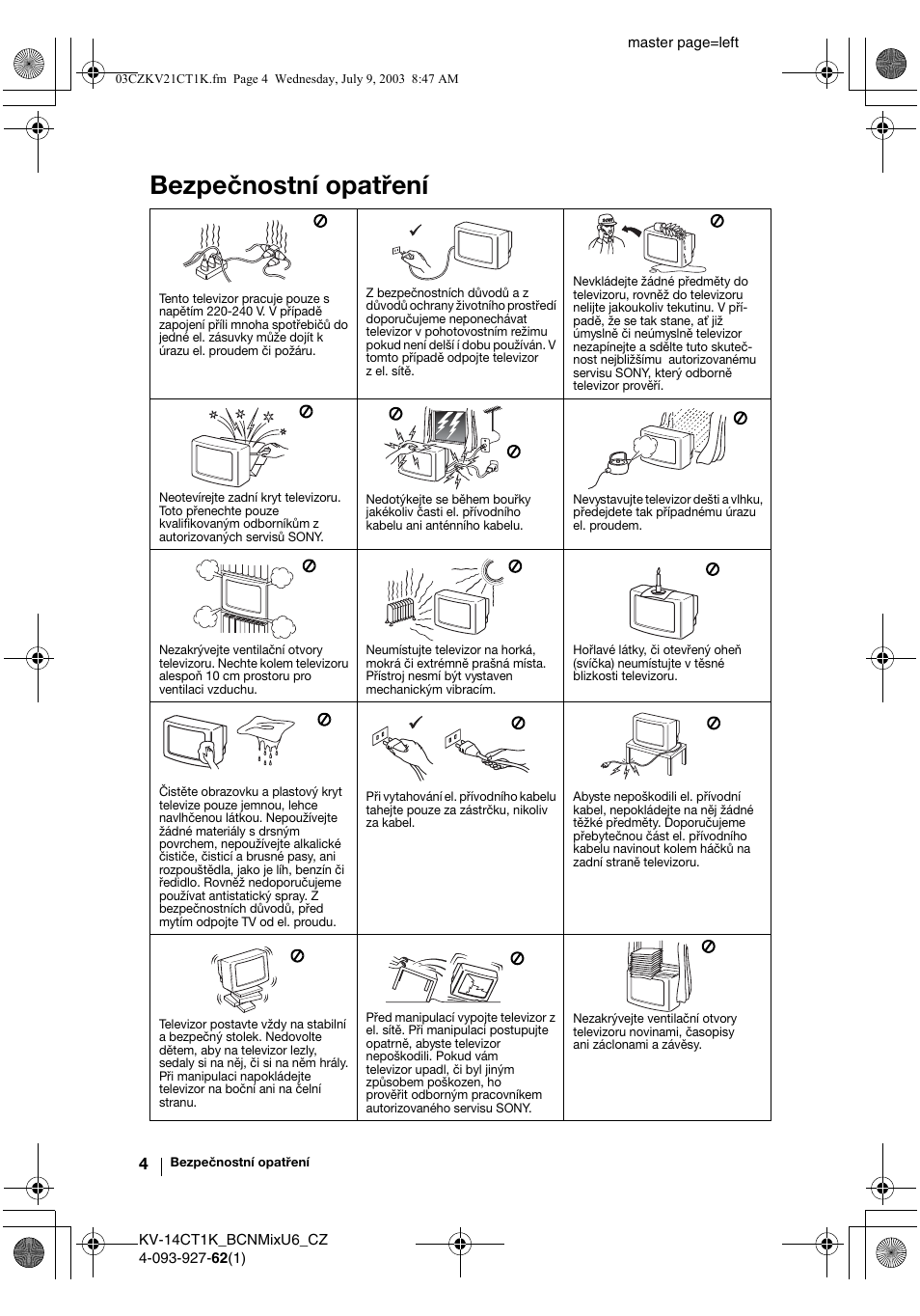 Bezpečnostní opatření | Sony KV-21CT1K  RU User Manual | Page 40 / 128