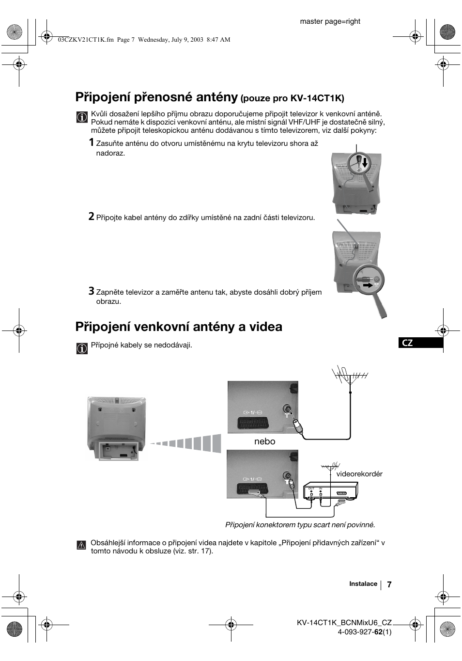 Připojení přenosné antény, Připojení venkovní antény a videa | Sony KV-21CT1K  RU User Manual | Page 43 / 128