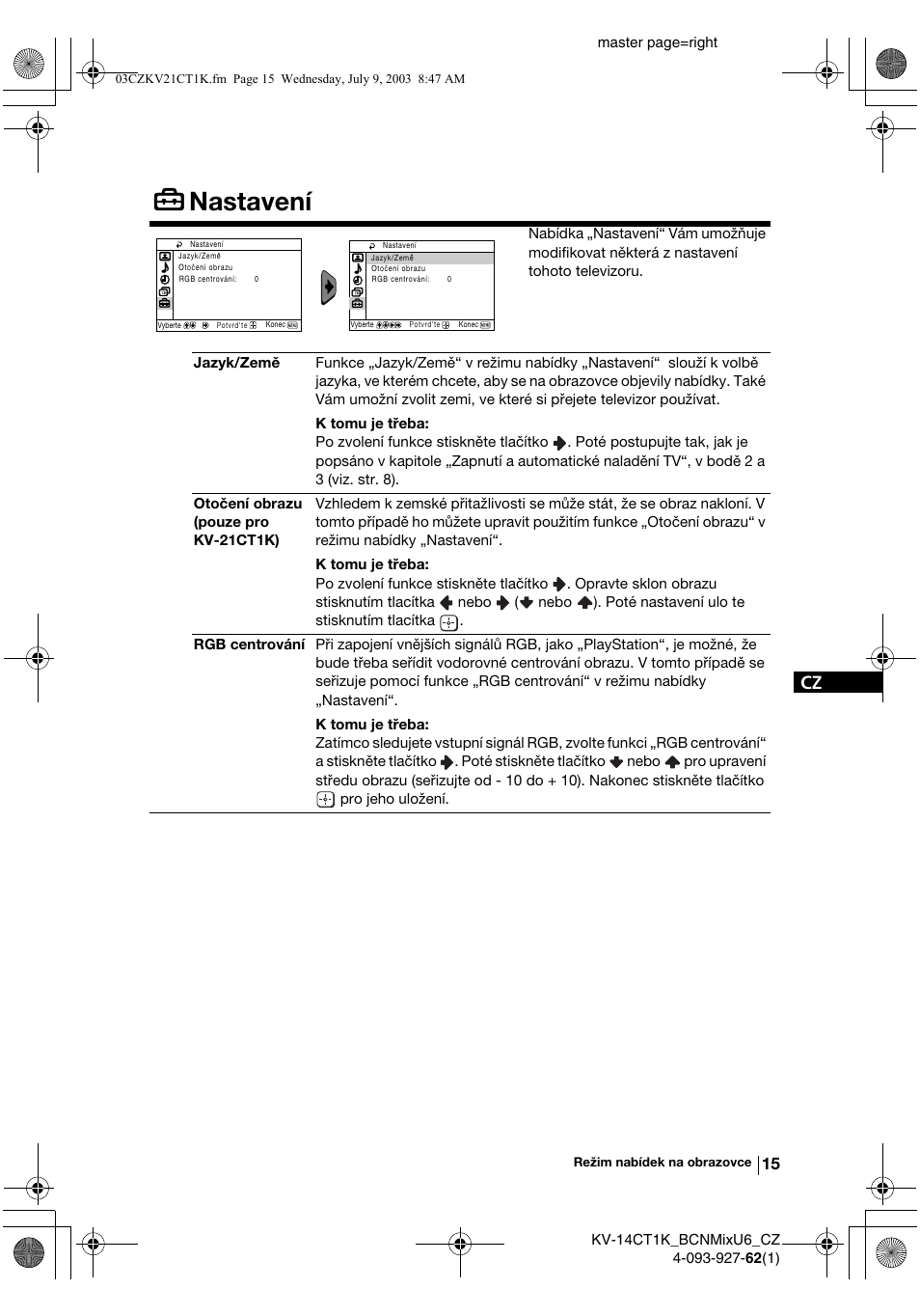 Nastavení | Sony KV-21CT1K  RU User Manual | Page 51 / 128