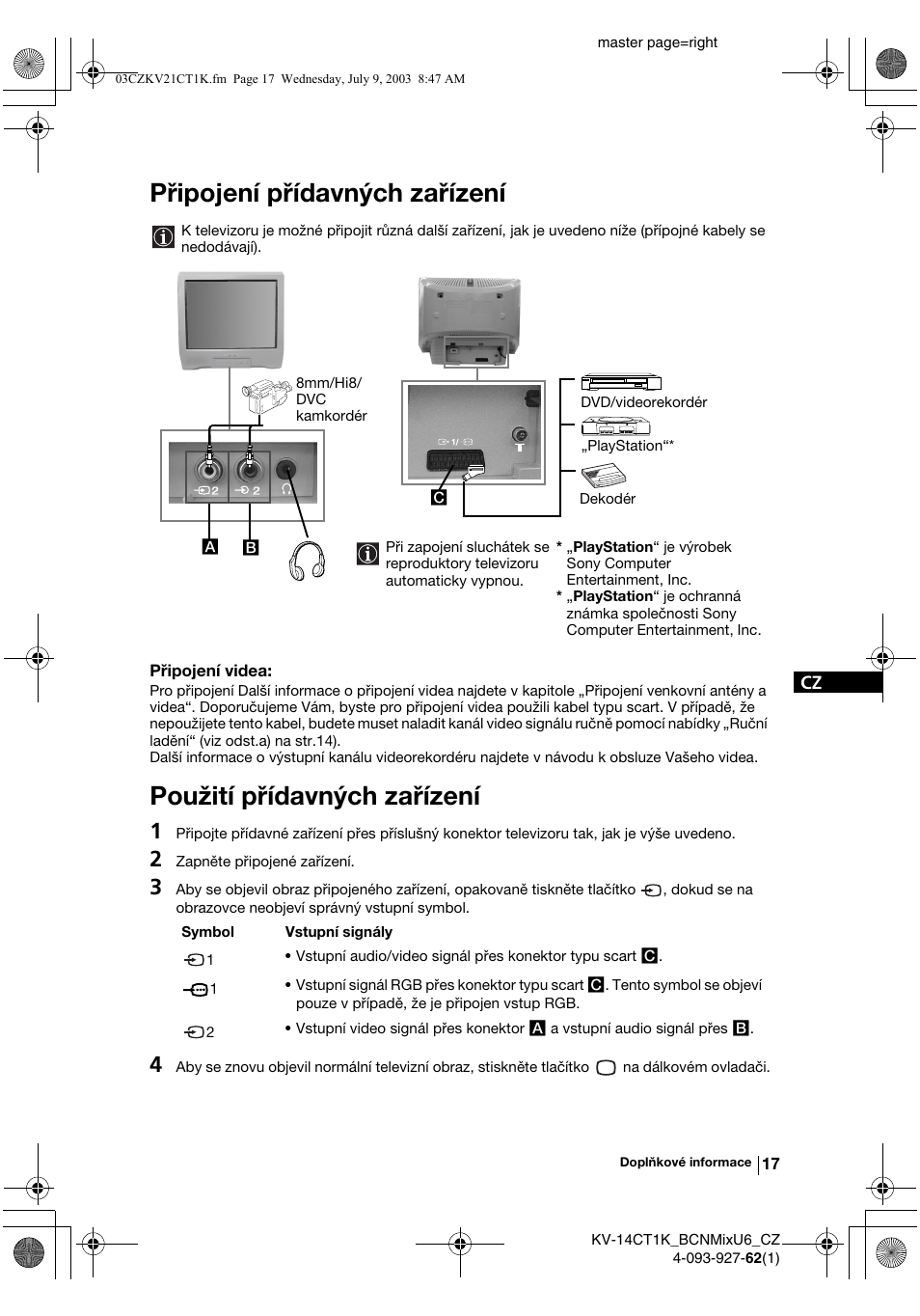 Připojení přídavných zařízení, Použití přídavných zařízení | Sony KV-21CT1K  RU User Manual | Page 53 / 128