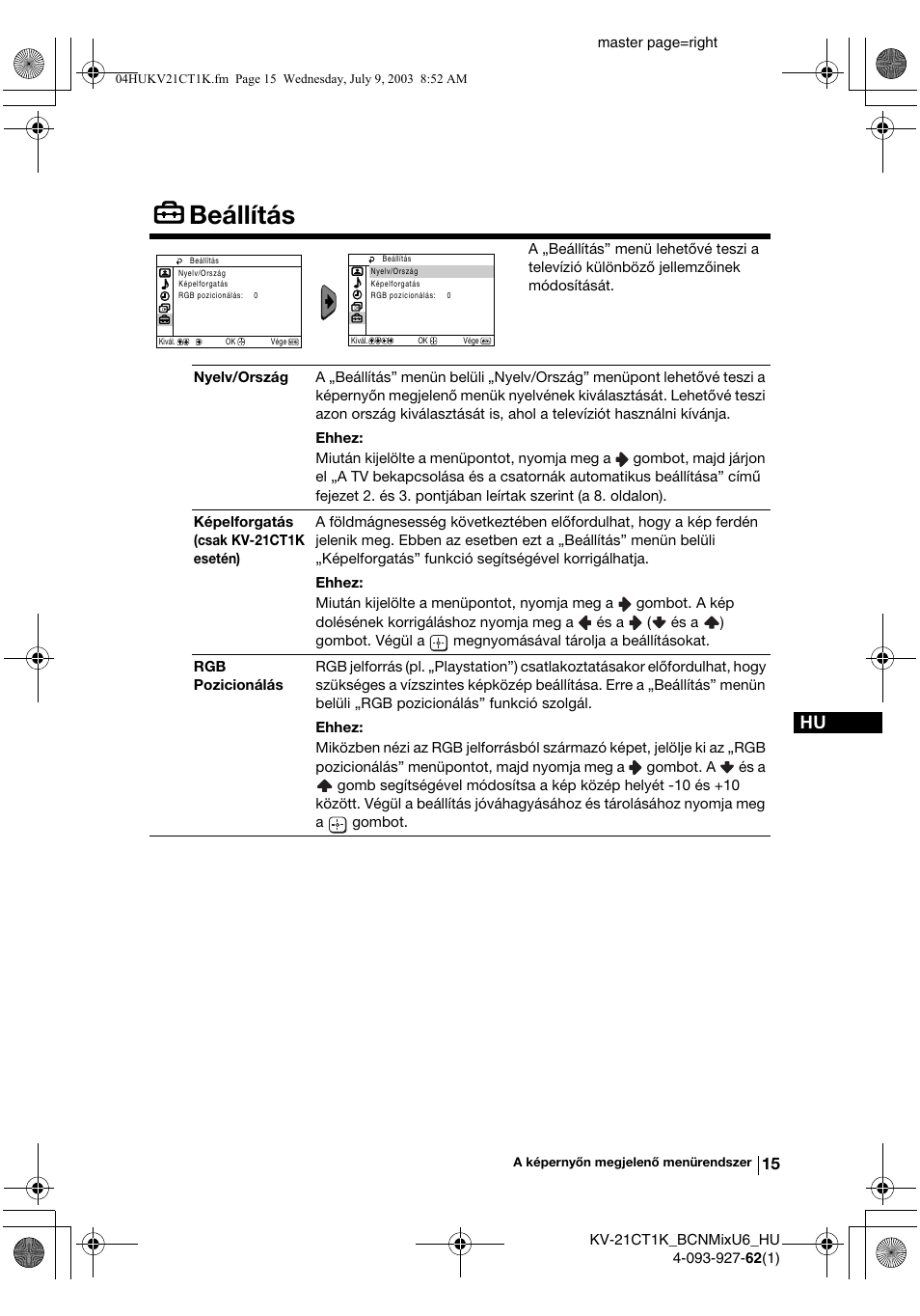 Beállítás | Sony KV-21CT1K  RU User Manual | Page 69 / 128