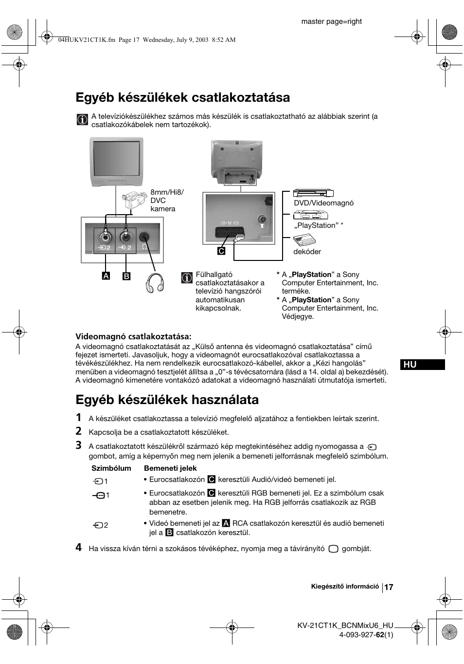 Egyéb készülékek csatlakoztatása, Egyéb készülékek használata | Sony KV-21CT1K  RU User Manual | Page 71 / 128