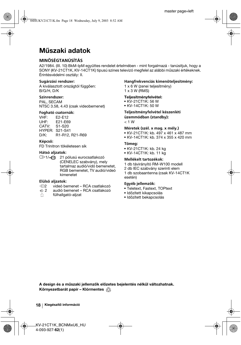 Műszaki adatok | Sony KV-21CT1K  RU User Manual | Page 72 / 128