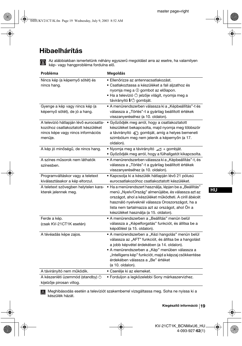 Hibaelhárítás | Sony KV-21CT1K  RU User Manual | Page 73 / 128