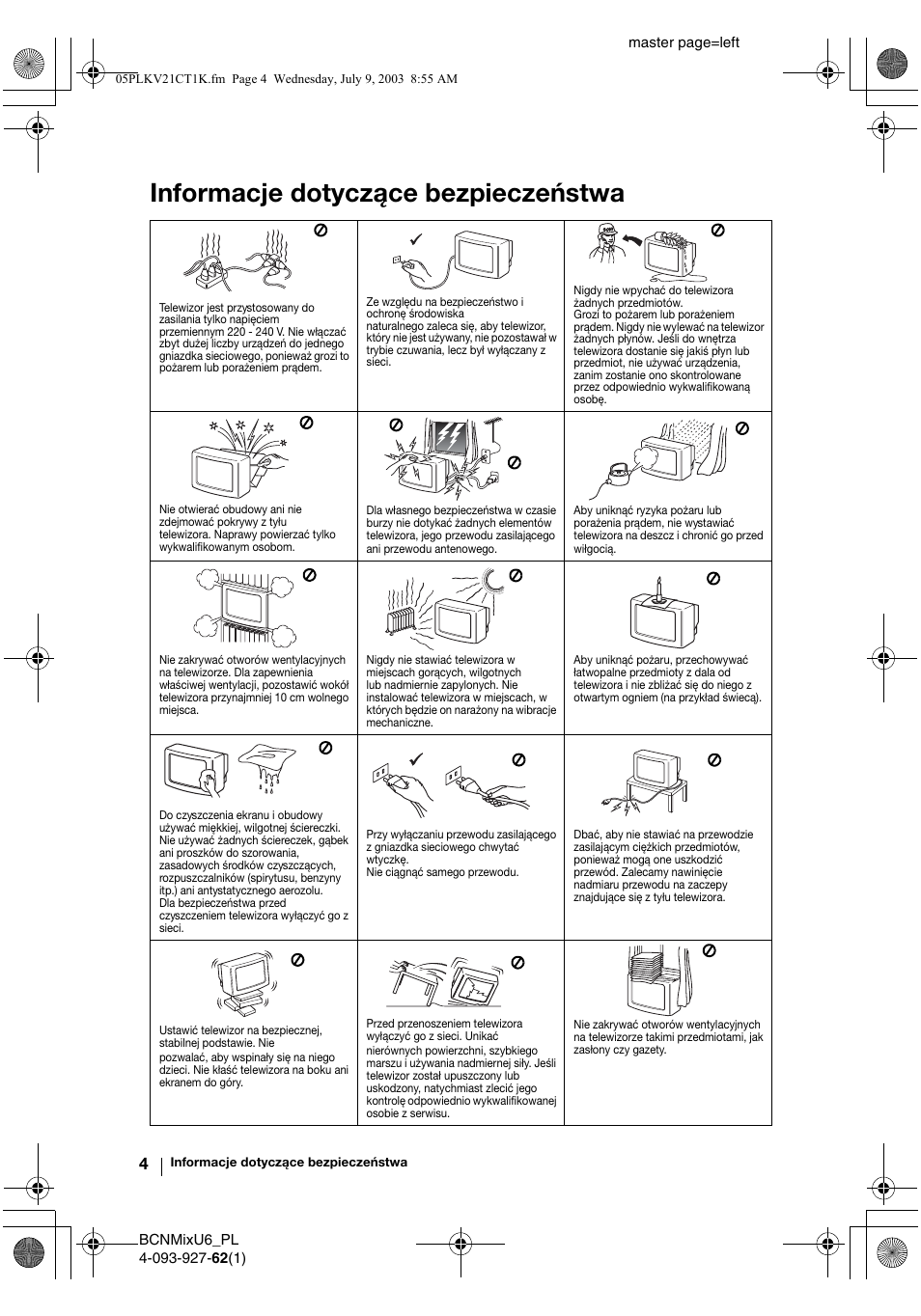Informacje dotyczące bezpieczeństwa | Sony KV-21CT1K  RU User Manual | Page 76 / 128