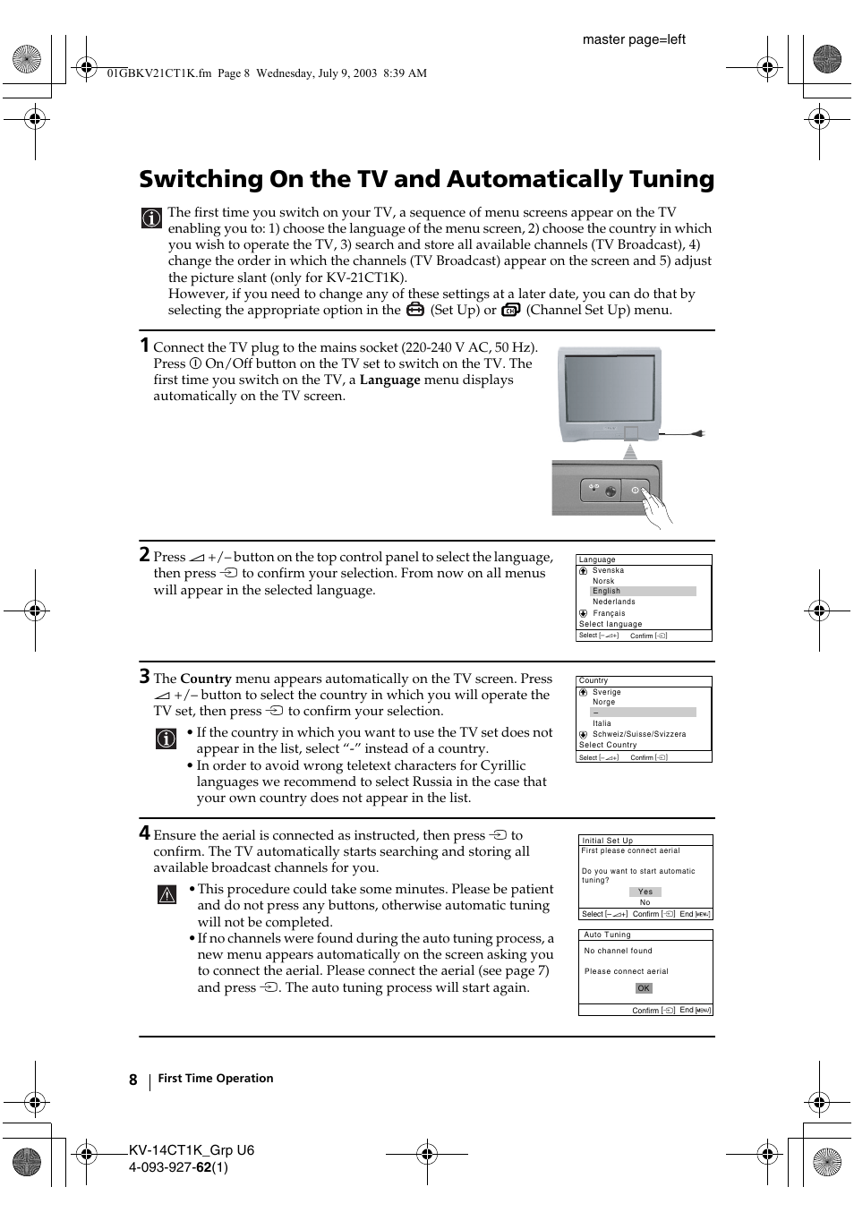 Switching on the tv and automatically tuning | Sony KV-21CT1K  RU User Manual | Page 8 / 128