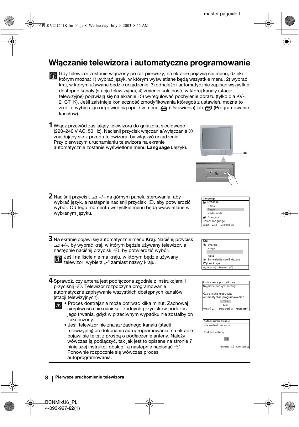 Włączanie telewizora i automatyczne programowanie | Sony KV-21CT1K  RU User Manual | Page 80 / 128
