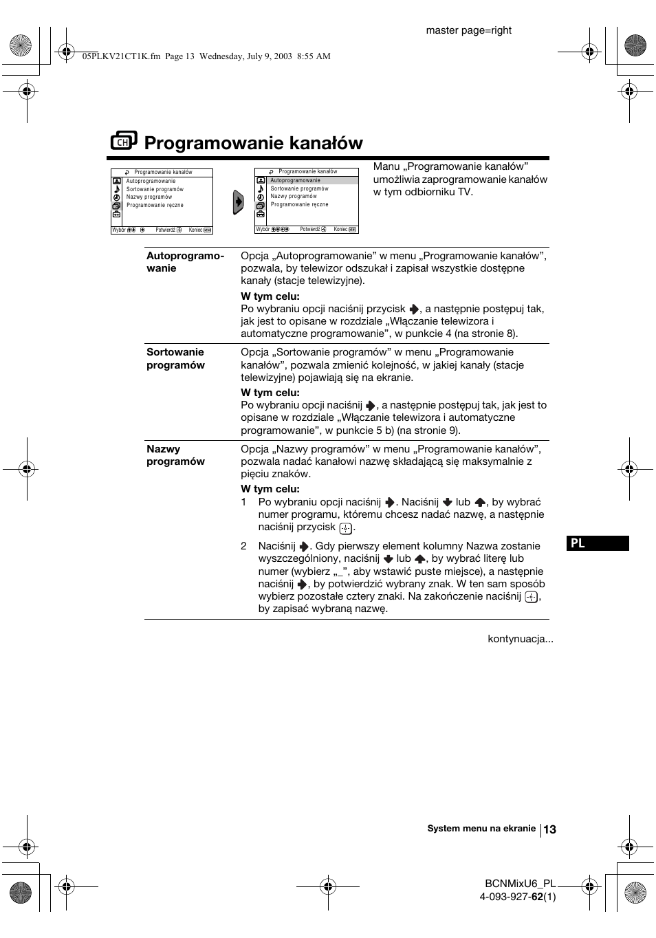 Programowanie kanałów | Sony KV-21CT1K  RU User Manual | Page 85 / 128