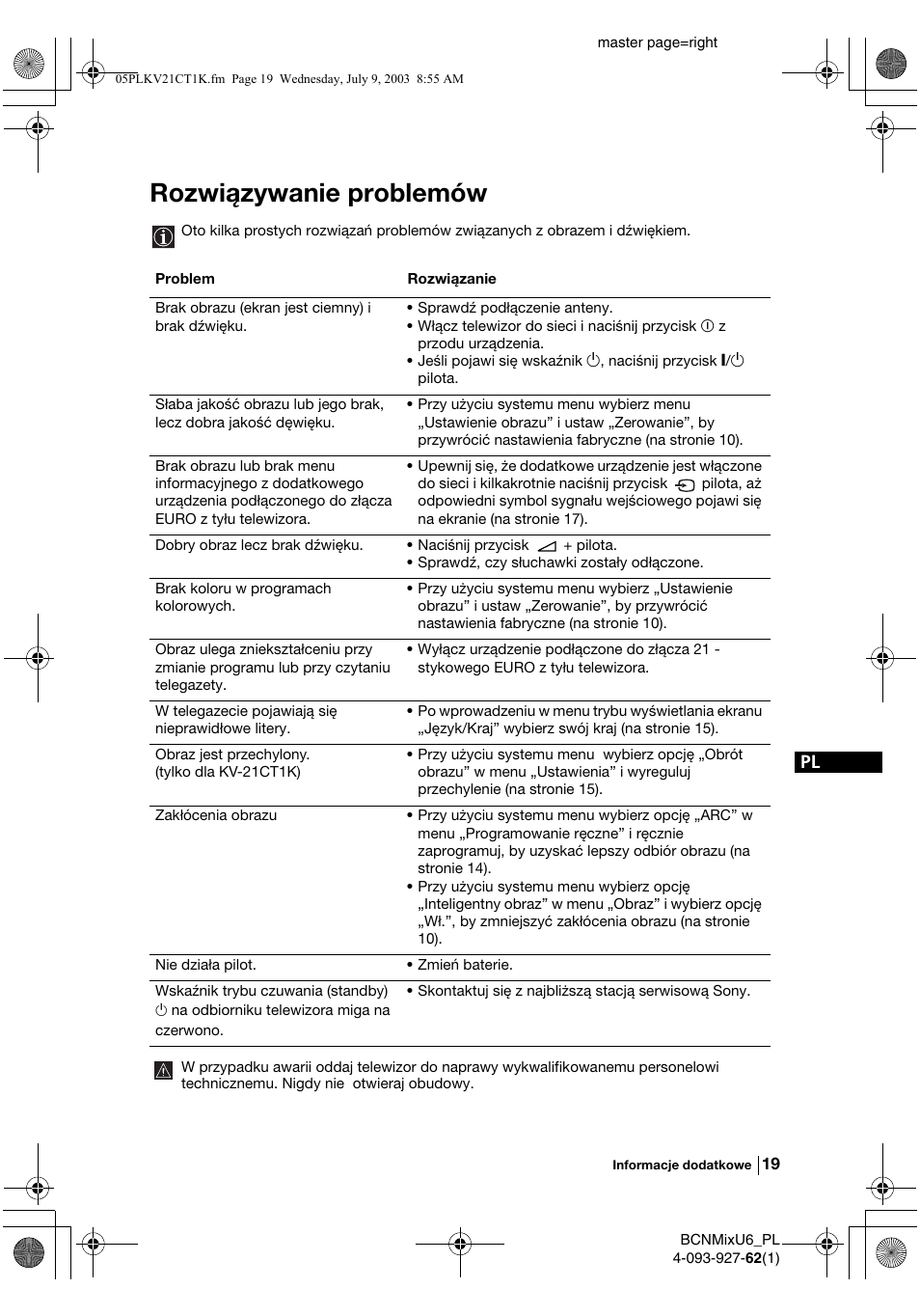 Rozwiązywanie problemów | Sony KV-21CT1K  RU User Manual | Page 91 / 128