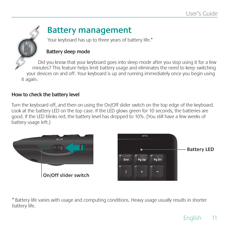 Battery management | Logitech Wireless Keyboard K340 User Manual | Page 11 / 36
