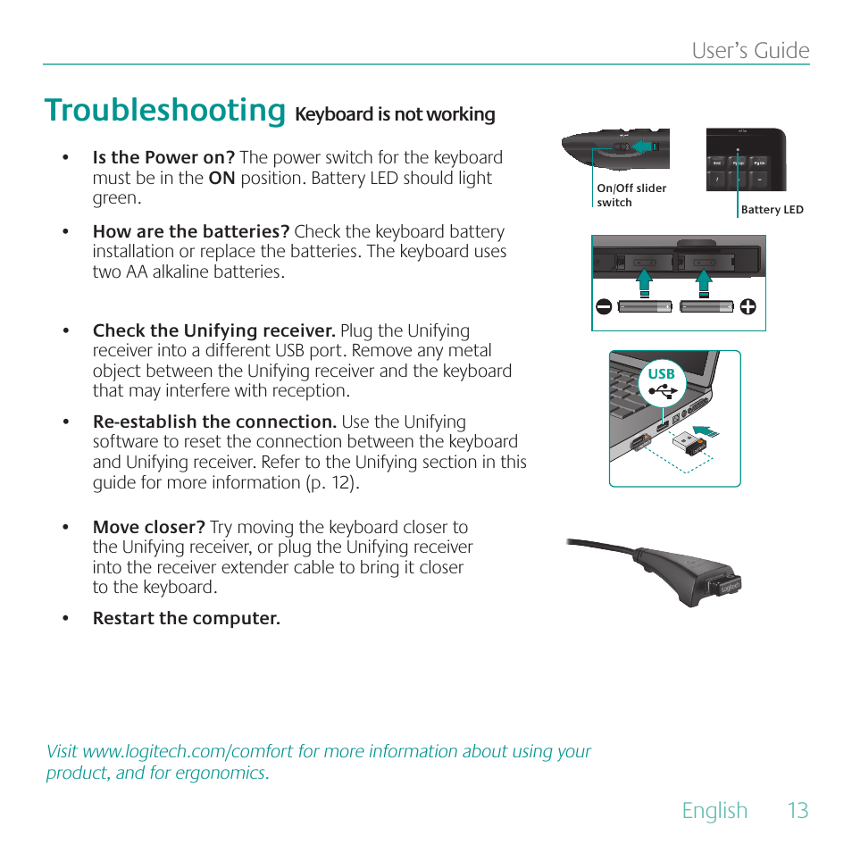 Troubleshooting, English, 13 user’s guide | Logitech Wireless Keyboard K340 User Manual | Page 13 / 36