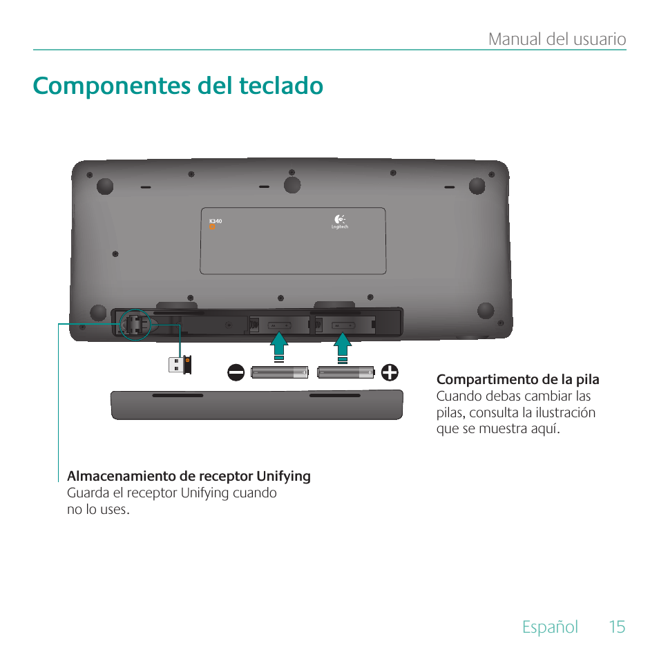 Componentes del teclado | Logitech Wireless Keyboard K340 User Manual | Page 15 / 36