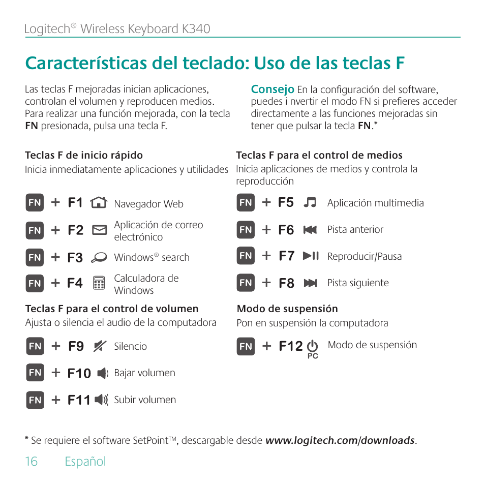 Características del teclado: uso de las teclas f | Logitech Wireless Keyboard K340 User Manual | Page 16 / 36
