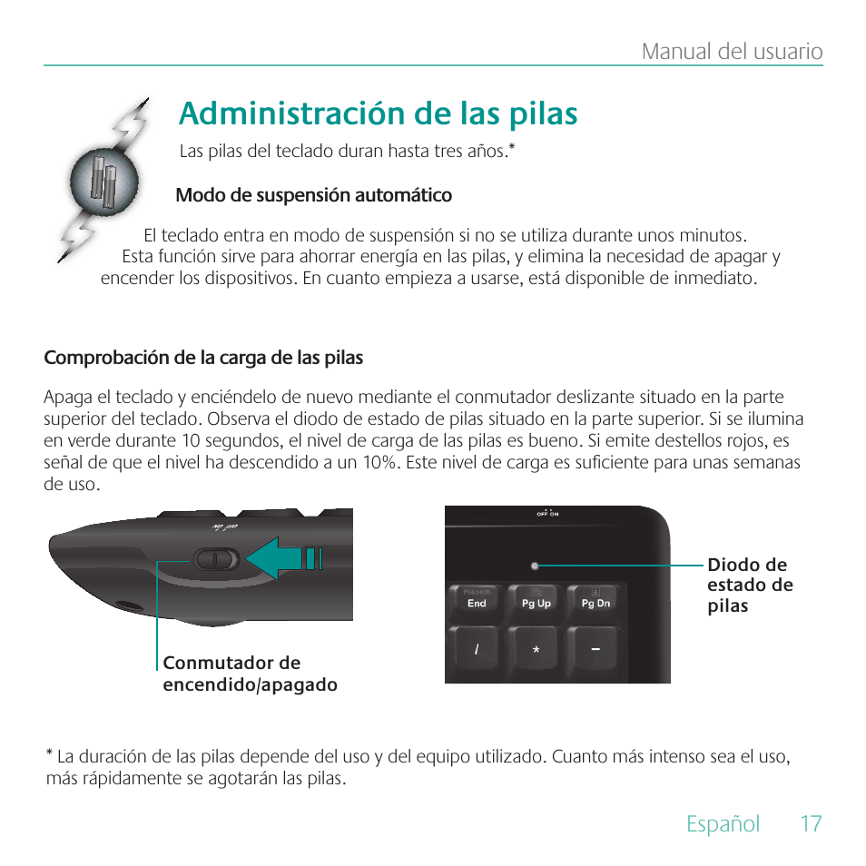 Administración de las pilas, Español, 17 manual del usuario | Logitech Wireless Keyboard K340 User Manual | Page 17 / 36
