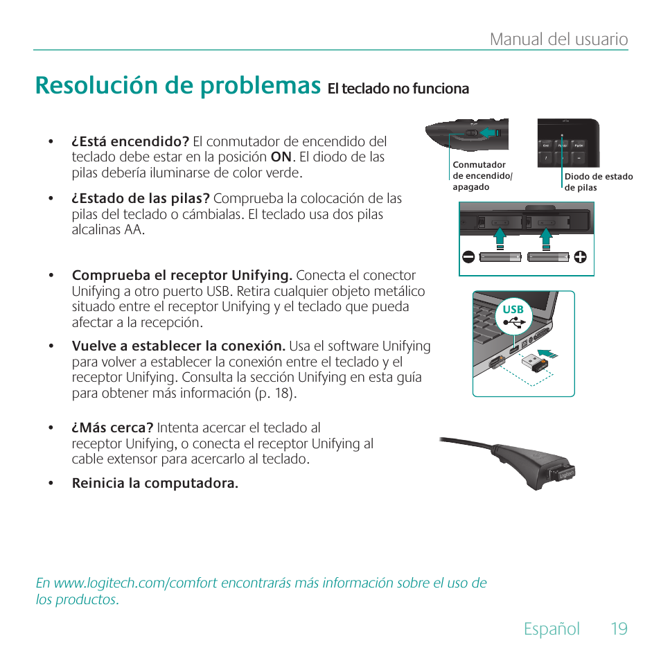 Resolución de problemas, Español, 19 manual del usuario | Logitech Wireless Keyboard K340 User Manual | Page 19 / 36