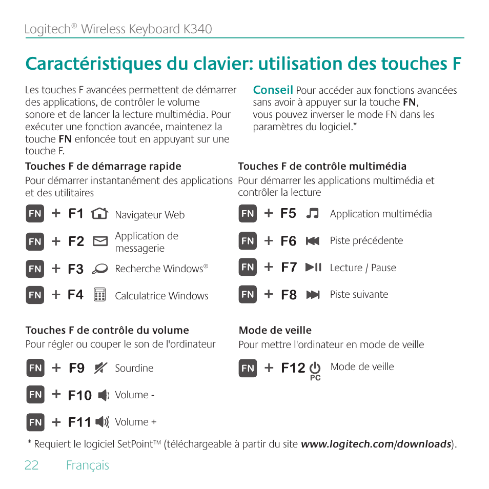 Logitech Wireless Keyboard K340 User Manual | Page 22 / 36