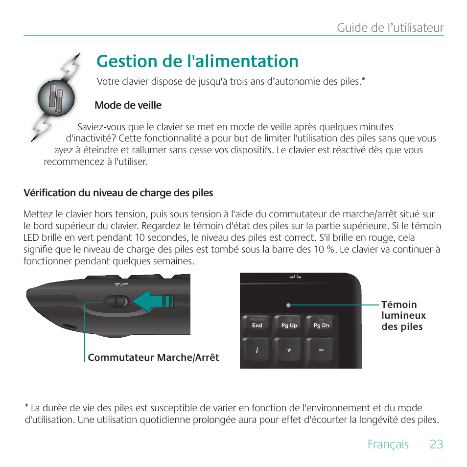 Gestion de l'alimentation, Français, 23 guide de l’utilisateur | Logitech Wireless Keyboard K340 User Manual | Page 23 / 36