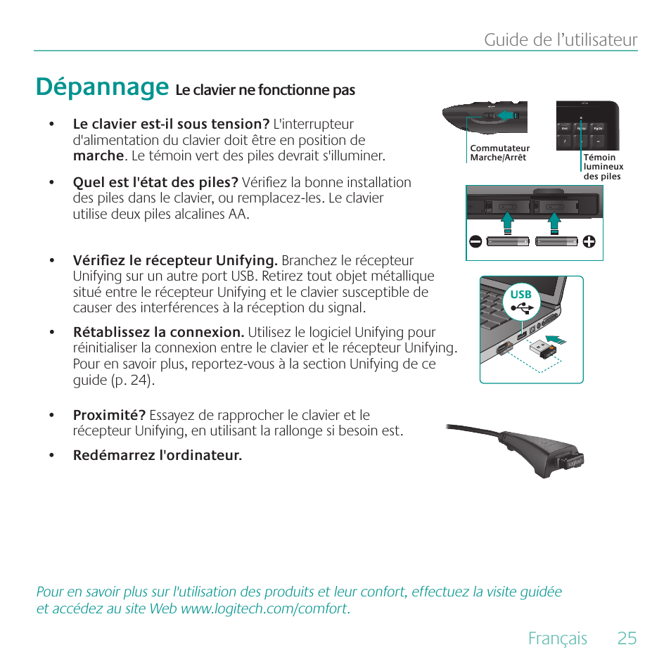 Dépannage, Français, 25 guide de l’utilisateur | Logitech Wireless Keyboard K340 User Manual | Page 25 / 36