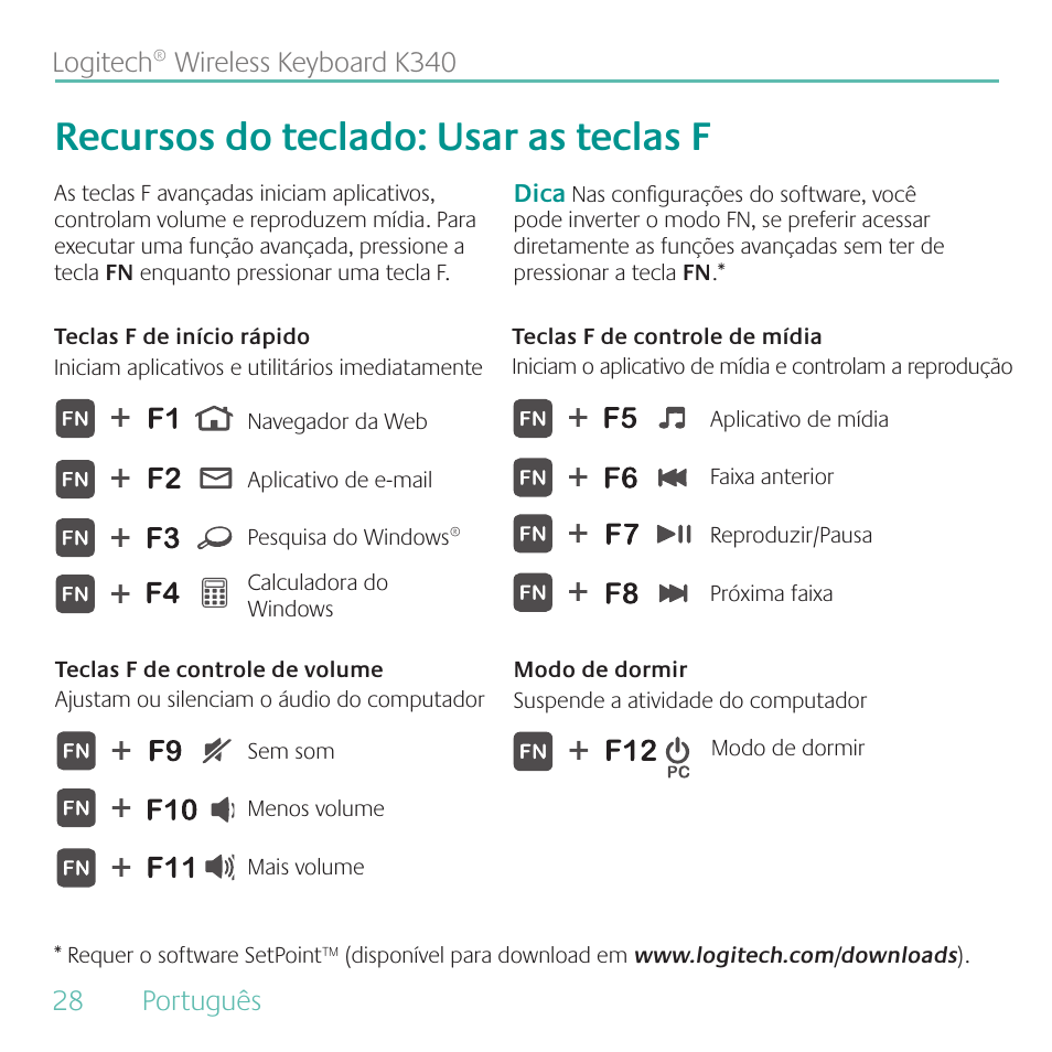 Recursos do teclado: usar as teclas f | Logitech Wireless Keyboard K340 User Manual | Page 28 / 36
