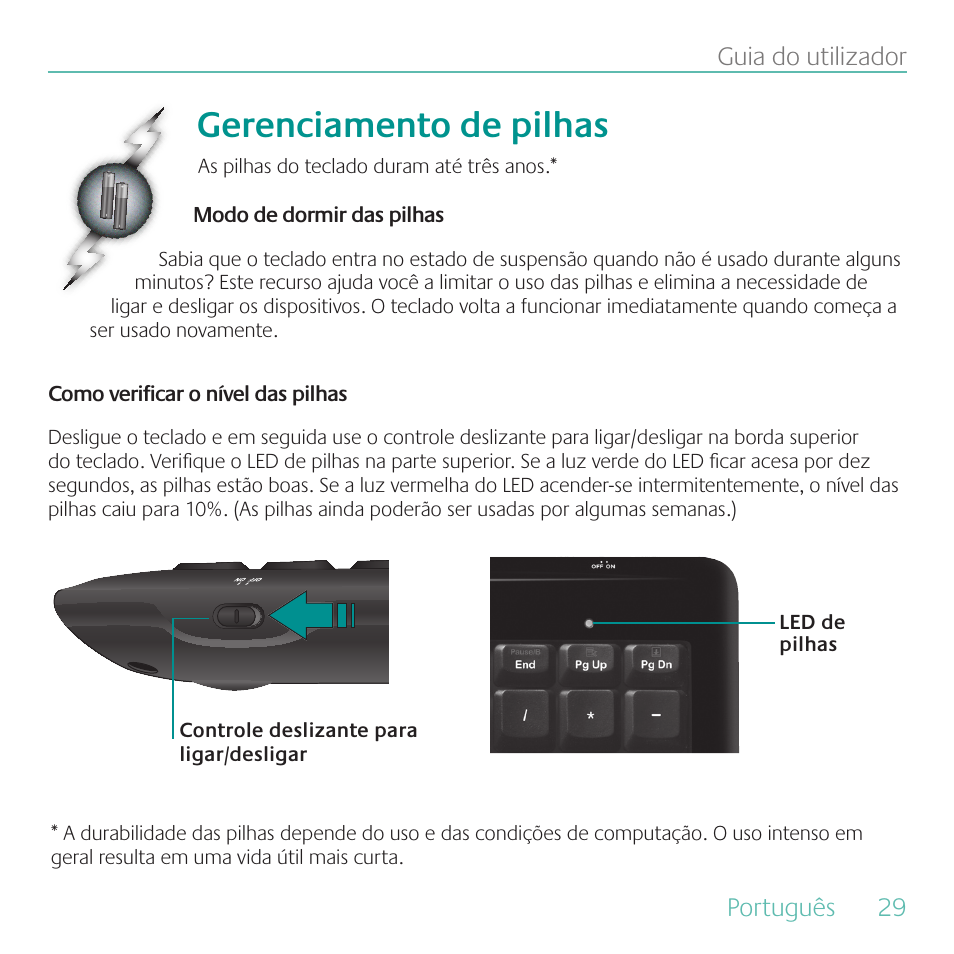 Gerenciamento de pilhas, Português, 29 guia do utilizador | Logitech Wireless Keyboard K340 User Manual | Page 29 / 36