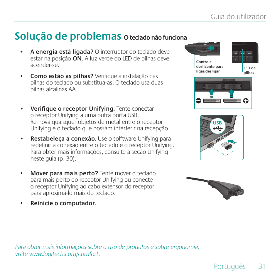 Solução de problemas, Português, 31 guia do utilizador | Logitech Wireless Keyboard K340 User Manual | Page 31 / 36