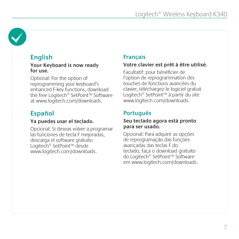 7logitech® wireless keyboard k340 english, Español | Logitech Wireless Keyboard K340 User Manual | Page 7 / 36
