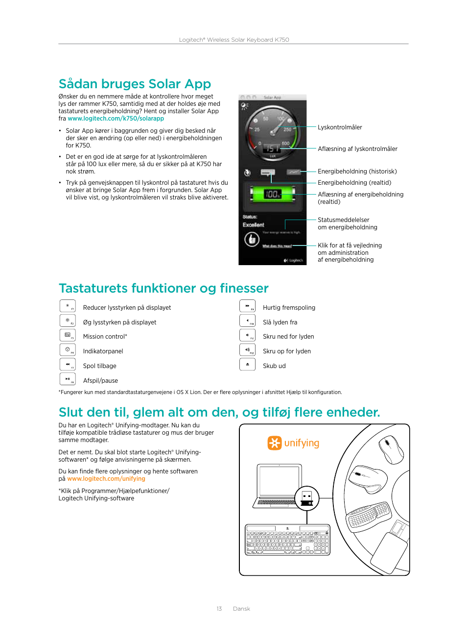 Sådan bruges solar app, Tastaturets funktioner og finesser | Logitech Wireless Solar Keyboard K750 User Manual | Page 13 / 24