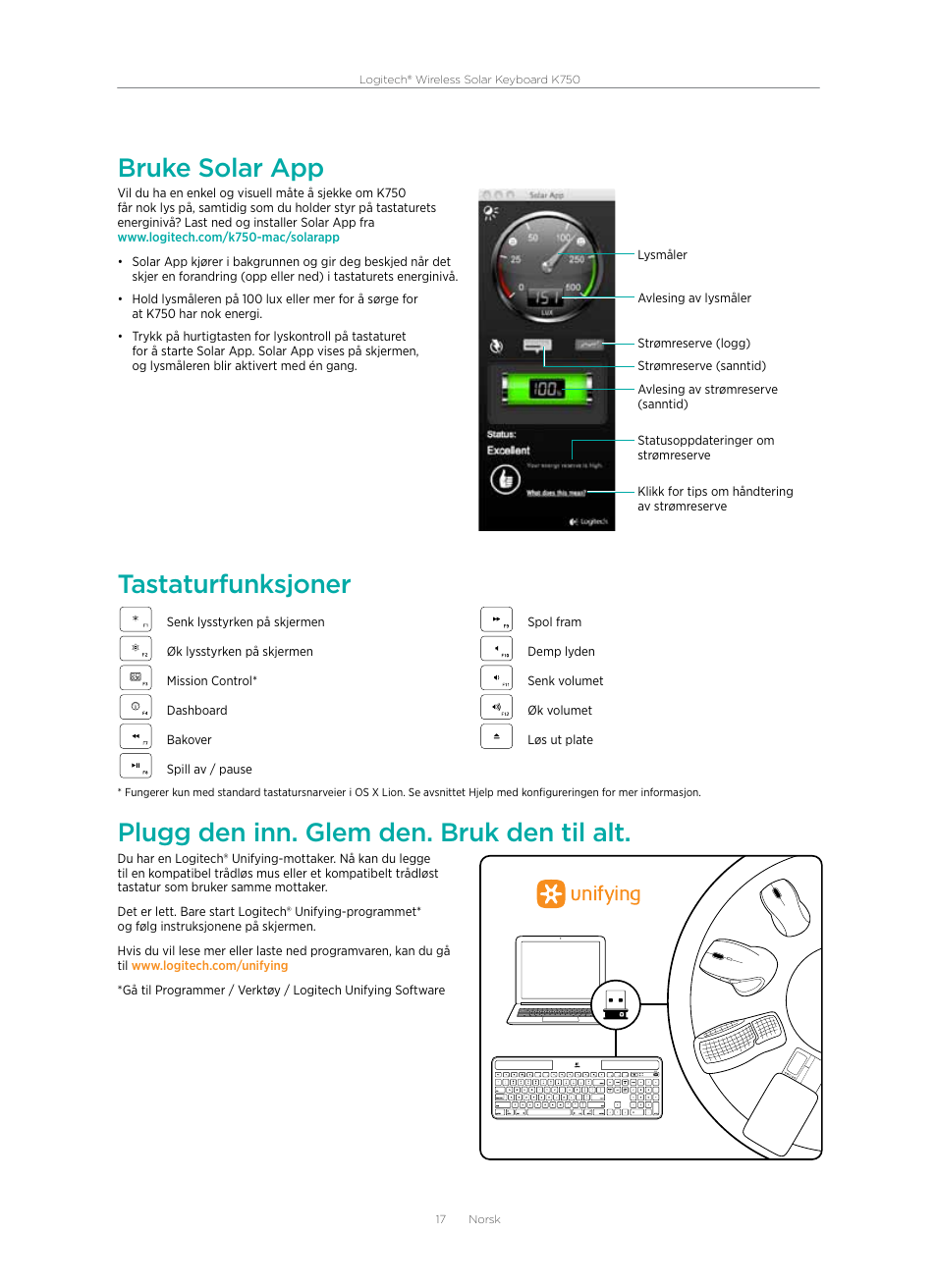 Bruke solar app, Tastaturfunksjoner, Plugg den inn. glem den. bruk den til alt | Logitech Wireless Solar Keyboard K750 User Manual | Page 17 / 24
