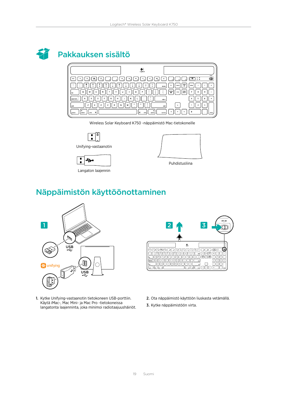 Pakkauksen sisältö näppäimistön käyttöönottaminen | Logitech Wireless Solar Keyboard K750 User Manual | Page 19 / 24