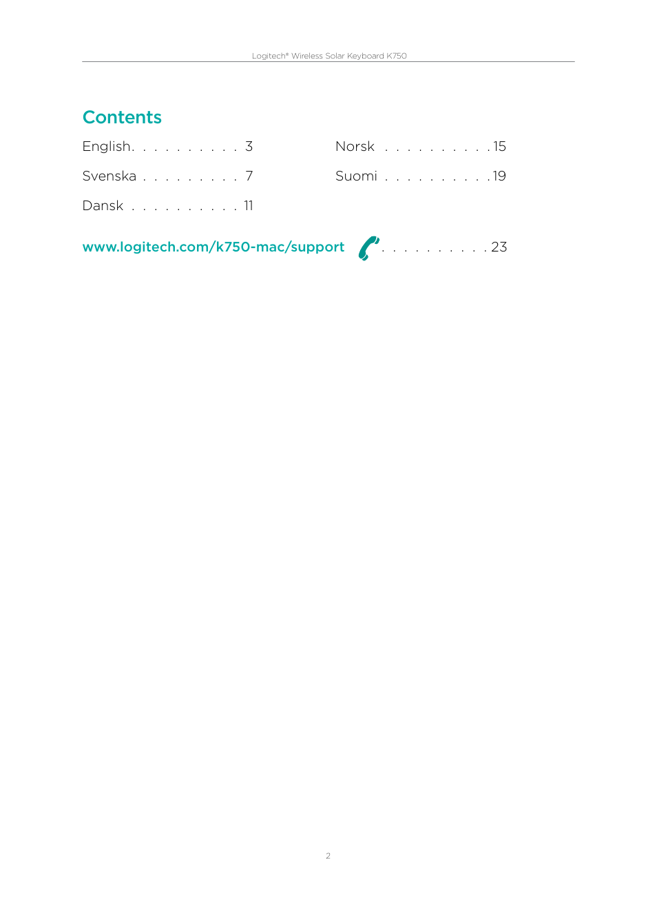 Logitech Wireless Solar Keyboard K750 User Manual | Page 2 / 24