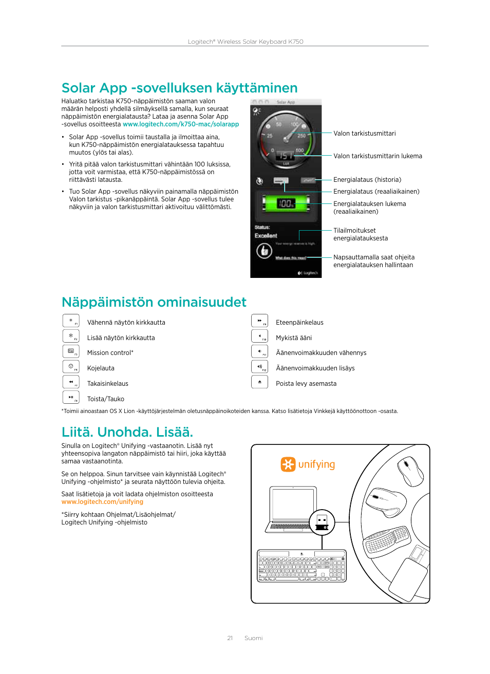 Solar app -sovelluksen käyttäminen, Näppäimistön ominaisuudet, Liitä. unohda. lisää | Logitech Wireless Solar Keyboard K750 User Manual | Page 21 / 24