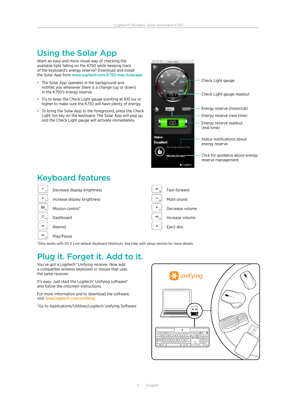 Using the solar app, Keyboard features, Plug it. forget it. add to it | Logitech Wireless Solar Keyboard K750 User Manual | Page 5 / 24
