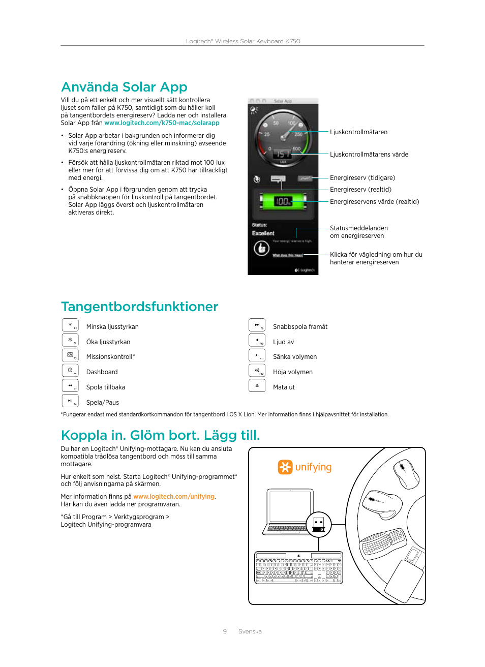 Använda solar app, Tangentbordsfunktioner, Koppla in. glöm bort. lägg till | Logitech Wireless Solar Keyboard K750 User Manual | Page 9 / 24