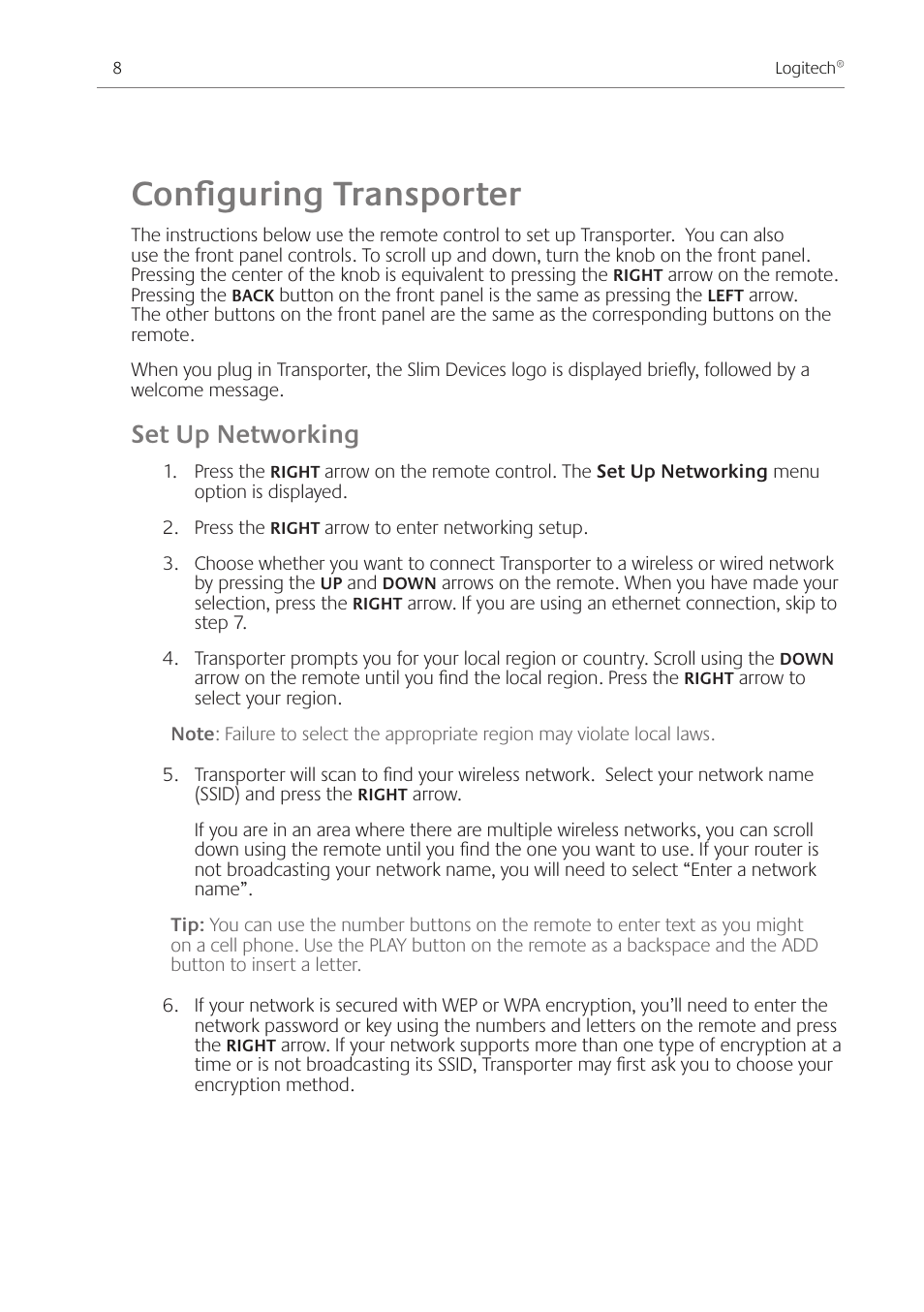 Configuring transporter, Set up networking | Logitech Transporter SE: Network Music Player 930-000011 User Manual | Page 10 / 40