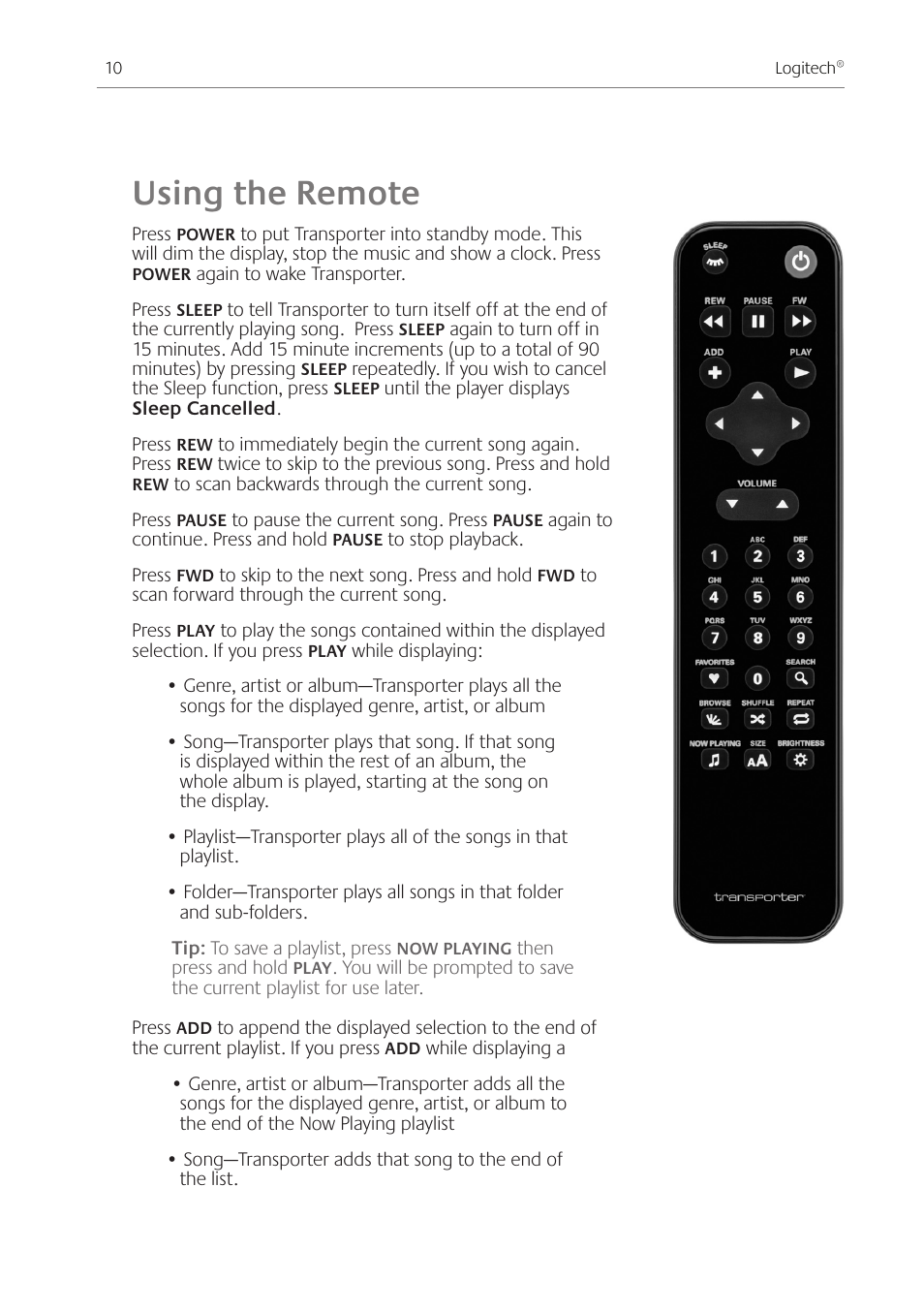 Using the remote | Logitech Transporter SE: Network Music Player 930-000011 User Manual | Page 12 / 40