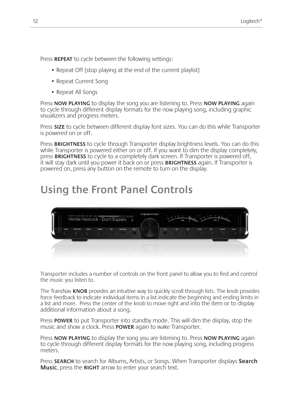 Using the front panel controls | Logitech Transporter SE: Network Music Player 930-000011 User Manual | Page 14 / 40