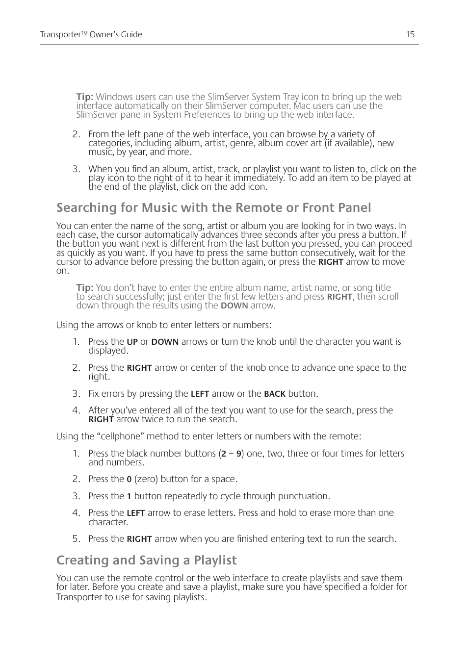 Searching for music with the remote or front panel, Creating and saving a playlist | Logitech Transporter SE: Network Music Player 930-000011 User Manual | Page 17 / 40