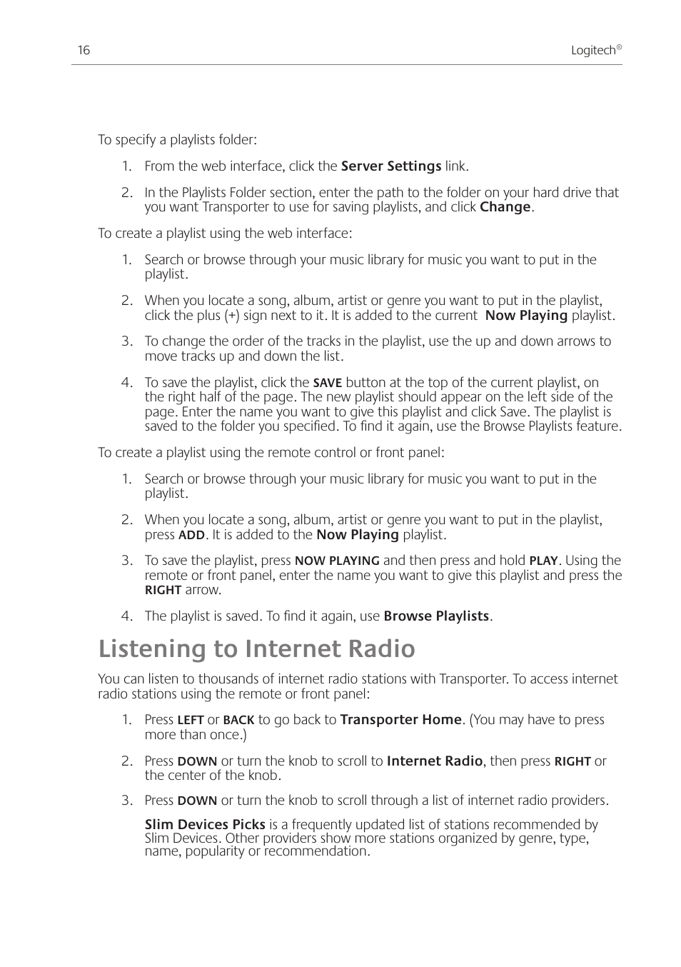 Listening to internet radio | Logitech Transporter SE: Network Music Player 930-000011 User Manual | Page 18 / 40