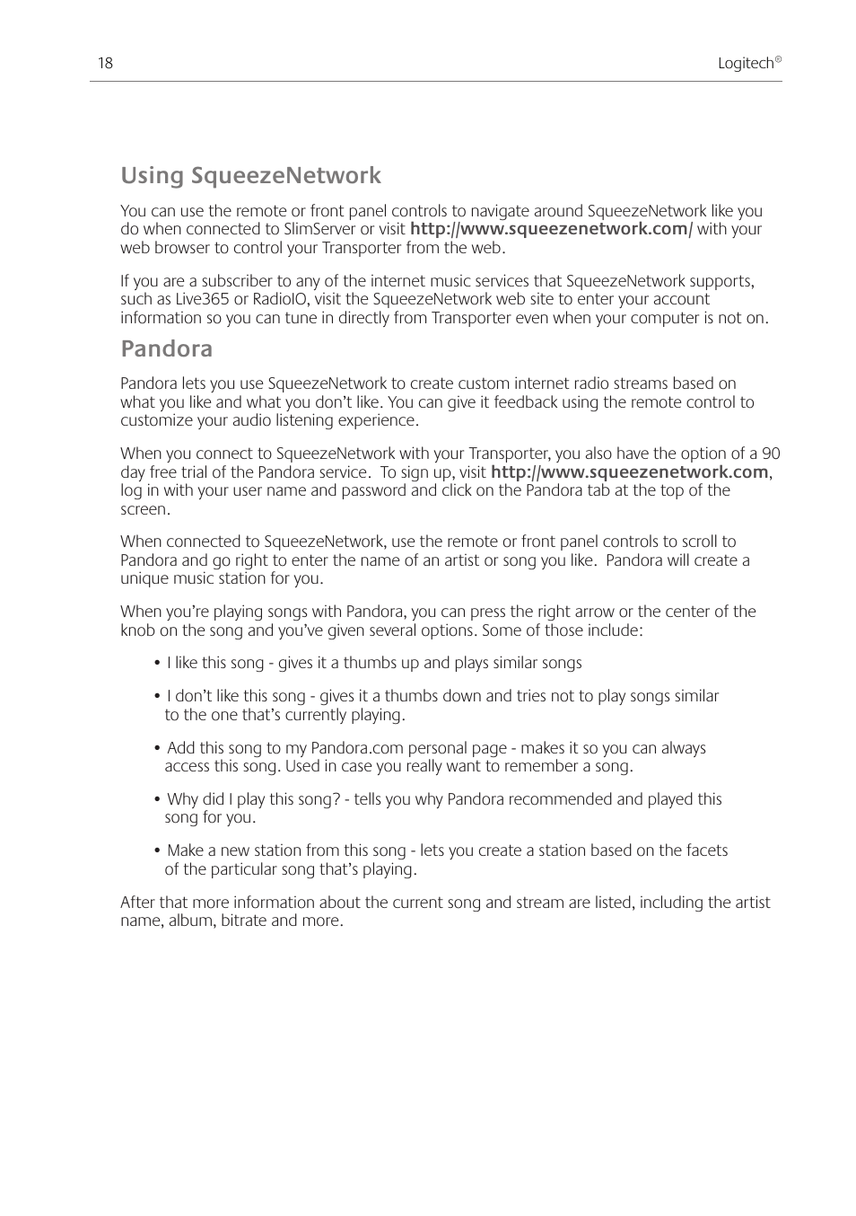 Using squeezenetwork, Pandora | Logitech Transporter SE: Network Music Player 930-000011 User Manual | Page 20 / 40
