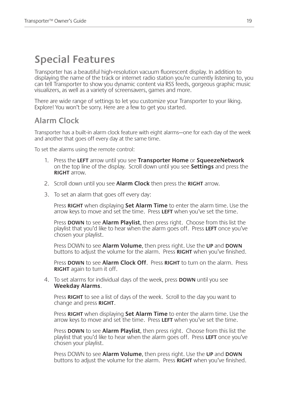 Special features, Alarm clock | Logitech Transporter SE: Network Music Player 930-000011 User Manual | Page 21 / 40