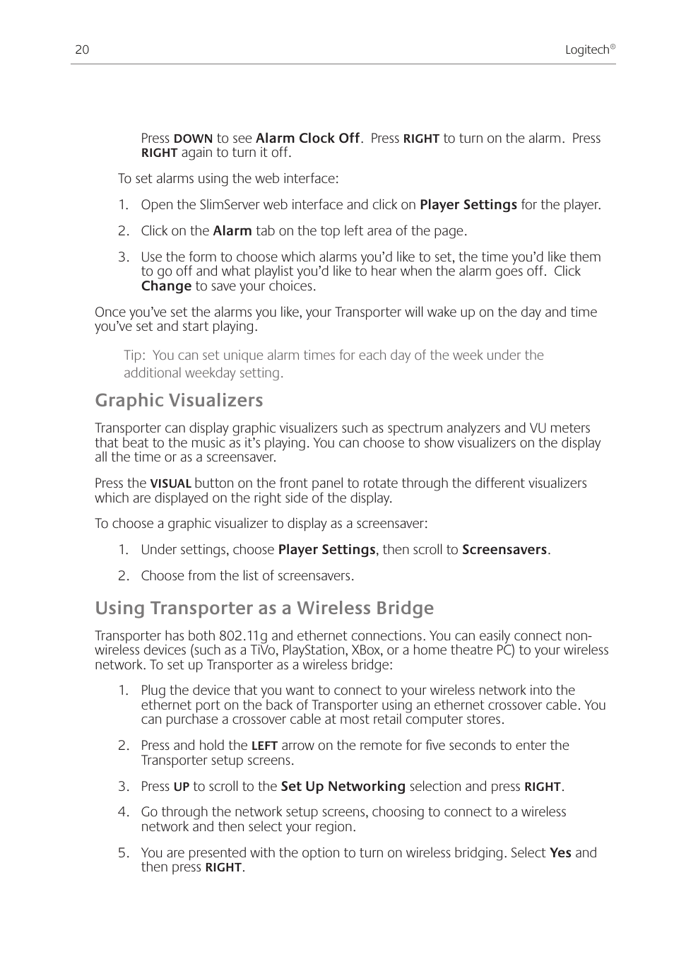 Graphic visualizers, Using transporter as a wireless bridge | Logitech Transporter SE: Network Music Player 930-000011 User Manual | Page 22 / 40