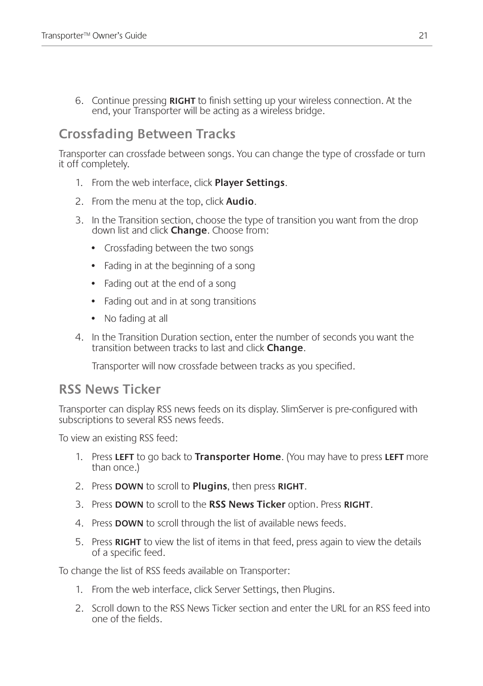 Crossfading between tracks, Rss news ticker | Logitech Transporter SE: Network Music Player 930-000011 User Manual | Page 23 / 40
