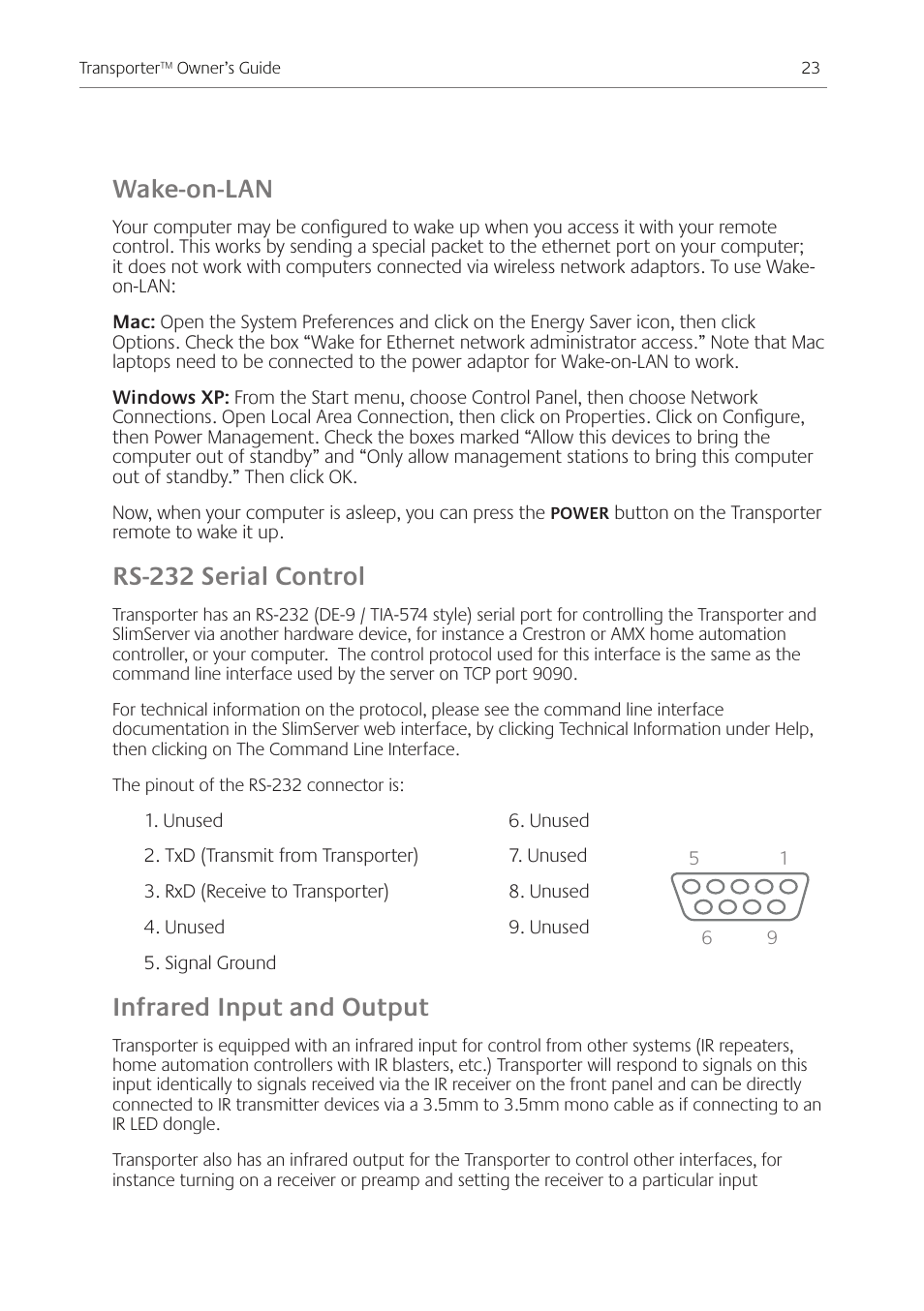 Wake-on-lan, Rs-232 serial control, Infrared input and output | Logitech Transporter SE: Network Music Player 930-000011 User Manual | Page 25 / 40