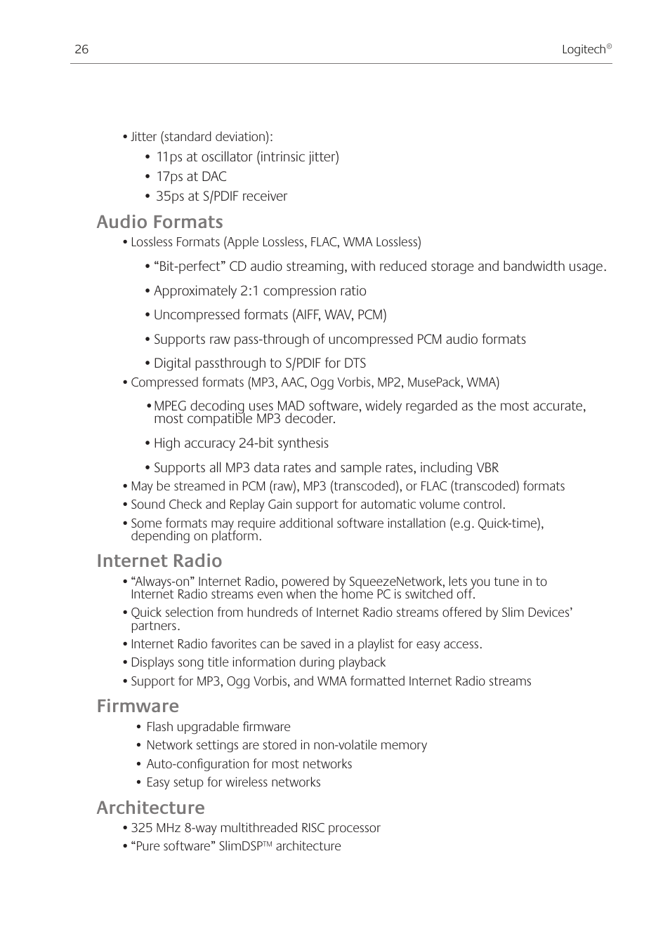 Audio formats, Internet radio, Firmware | Architecture | Logitech Transporter SE: Network Music Player 930-000011 User Manual | Page 28 / 40